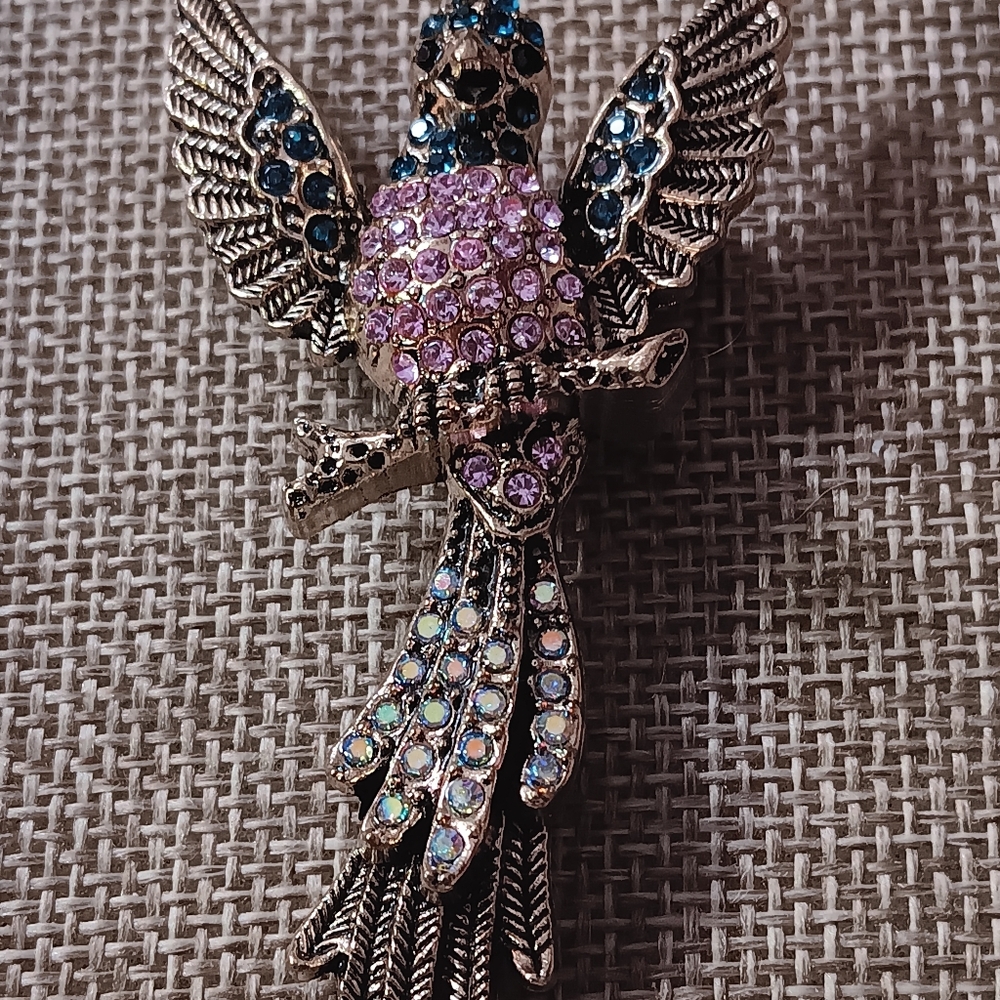 Vintage Multicolored With AB Crystal Feathers Bird Brooch, 2.75"